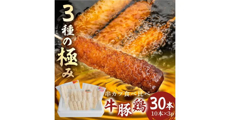 【ふるさと納税】[三幸] 串かつ 3種の極み 30本 ( 10本 × 3 パック ) 小分け 牛肉 赤身 豚肉 ヒレ 鶏肉 胸 ムネ 肉 老舗 揚げ くし おつまみ ビールのお供 冷凍 ジューシー お取り寄せ 手作り 串カツ 串揚げ 本巣市 [0470] 14000円