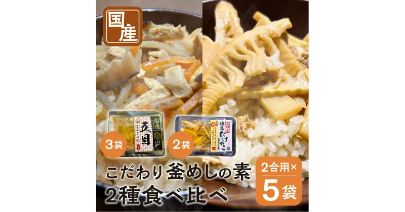 【ふるさと納税】《期間限定》 国産 釜めしの素 食べ比べ 225g 2合 ×5袋 計10合 セット ( 五目釜めしの素×3袋 穂先たけのこ釜めし×2袋 ) ご飯の素 調理 簡単 炊くだけ たけのこ お取り寄せ 炊込みご飯 岐阜県産 数量限定 常温 惣菜 岐阜食品 [mt1606] 10000円 1万円