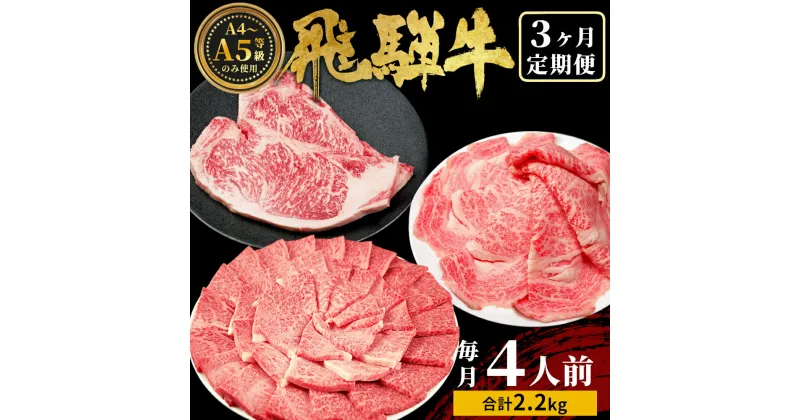 【ふるさと納税】発送月が選べる！ 飛騨牛 定期便 全3回 計2.2kg 4人前 すき焼き しゃぶしゃぶ ステーキ 焼肉 BBQ ロース カタロース ロースステーキ モモ カタ 贅沢 贈り物 3ヶ月 定期 おすすめ 選べる 人気 飛騨 ブランド牛 肉のひぐち