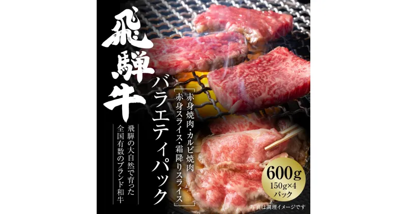 【ふるさと納税】飛騨牛 バラエティパック 焼肉(赤身/カルビ) ・スライス(赤身/霜降り) 600g（150g×4種各1パック） 冷凍真空パック | 肉 食べ比べ すきやき しゃぶしゃぶ 黒毛和牛 和牛 個包装 小分け 人気 おすすめ 牛肉 ギフト 7日以内お届け 飛騨高山ミート [MZ017]